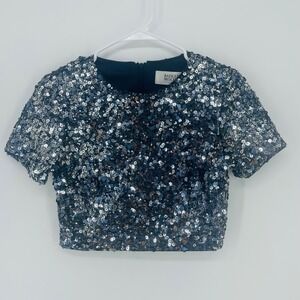 Badgley Mischka Navy Silver Sequin Crop Top Short Sleeve Size 4 Party Holiday